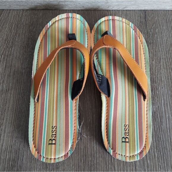 Bass Multi Stripe Flip Flops Sandals Orange Leather Strap Women’s 9M Shoes - Picture 4 of 8
